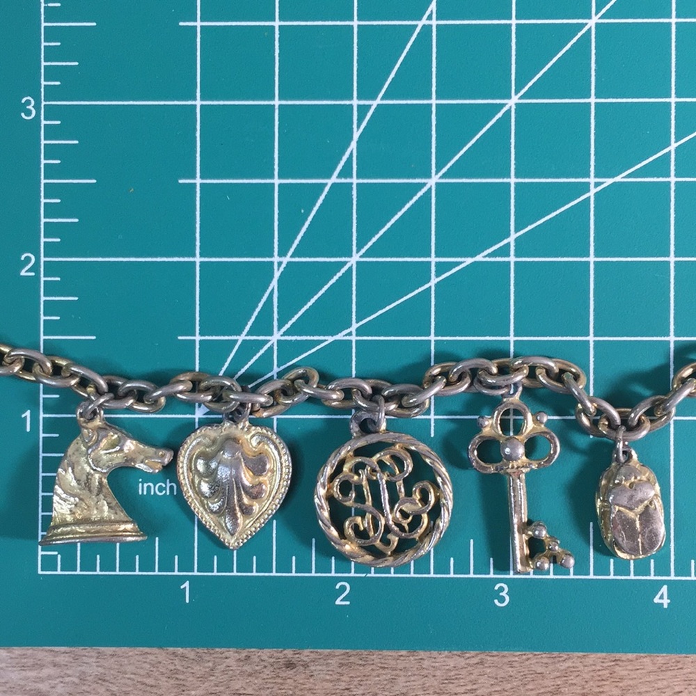 Vintage Charm Bracelet With Horse Key Heart Beetle And Letters - Picture 10 of 10